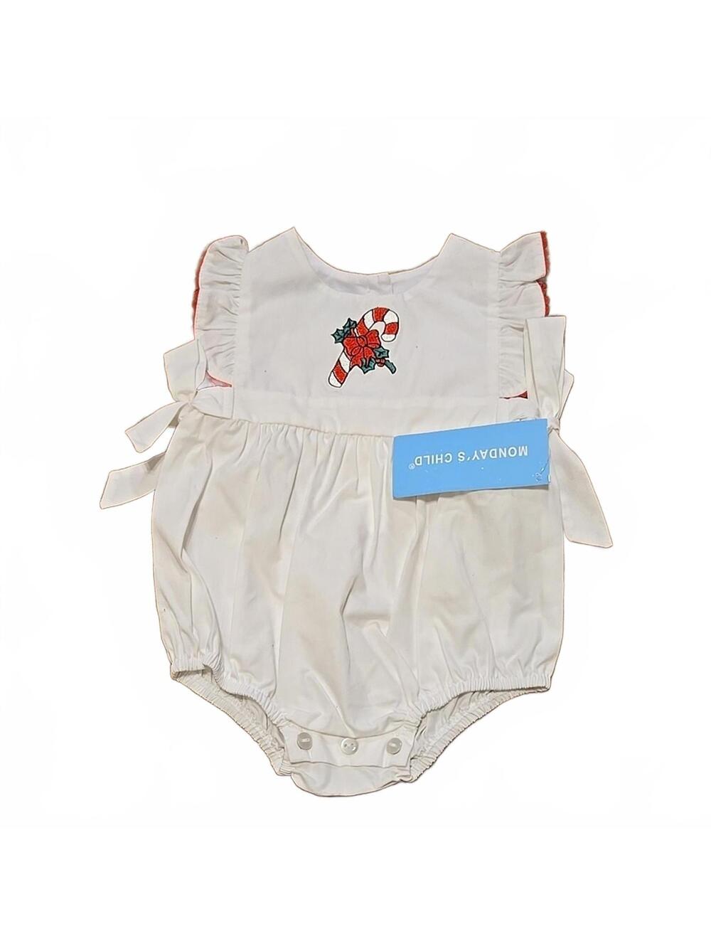 Monday's Child White Baby Romper with Candy Cane Embroidery Size 6 Months